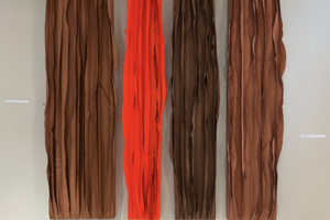 Mixed fabrics with acrylic browns and bright red
